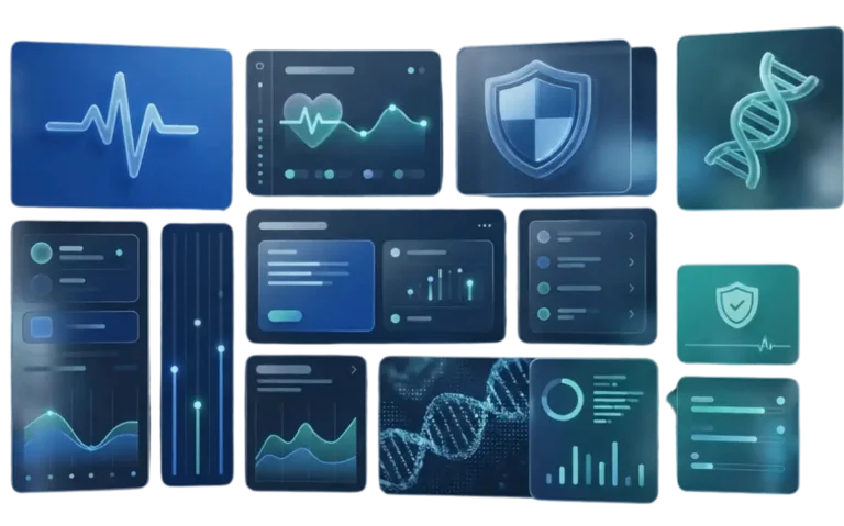 A collection of digital widgets and analytics by Delphi Healthcare Solutions representing Compliance & Safety in healthcare, including DNA structure visualization, security shields, and heart rate tracking.