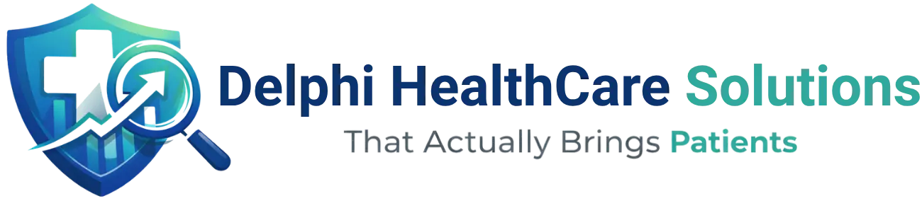 The Delphi HealthCare Solutions logo featuring a medical shield, magnifying glass, and upward growth arrow, symbolizing the trusted healthcare marketing expertise of Delphi Healthcare Solutions.
