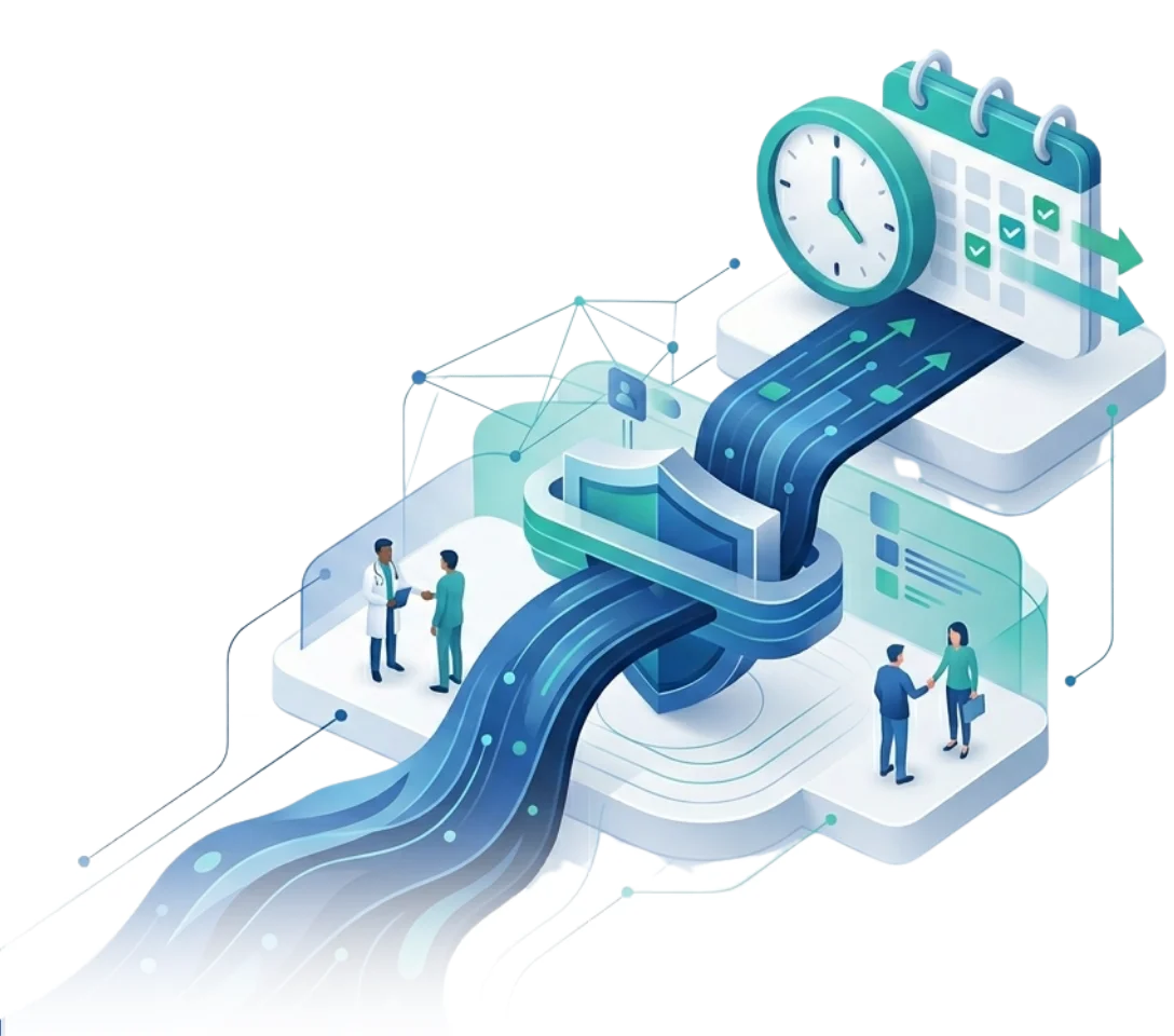 A digital visualization featuring a shield, calendar, and medical professionals, representing the comprehensive service framework provided by Delphi Healthcare Solutions.