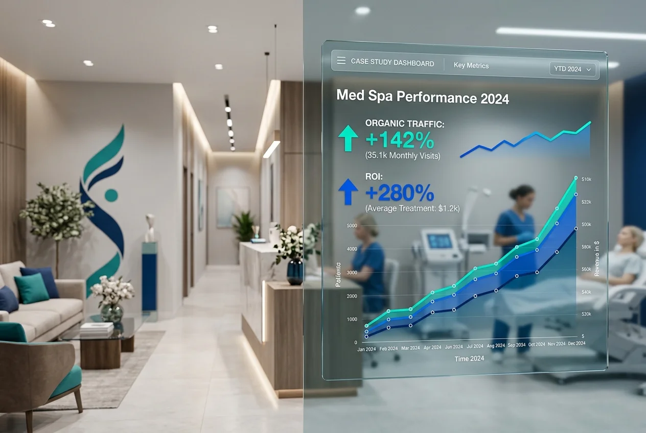 A transparent performance dashboard overlaying a modern clinic interior, highlighting the successful digital strategy of a Medical Aesthetics Botox Filler Clinic by Delphi Healthcare Solutions.