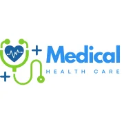 Medical Health Care logo by Delphi Healthcare Solutions. The graphic includes a modern heart and stethoscope icon, representing compassionate medical services and professional health monitoring.