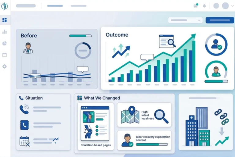 A performance comparison infographic by Delphi Healthcare Solutions for a Physical Therapy & Rehab Clinic, detailing the strategies changed to improve patient intake and local search rankings.