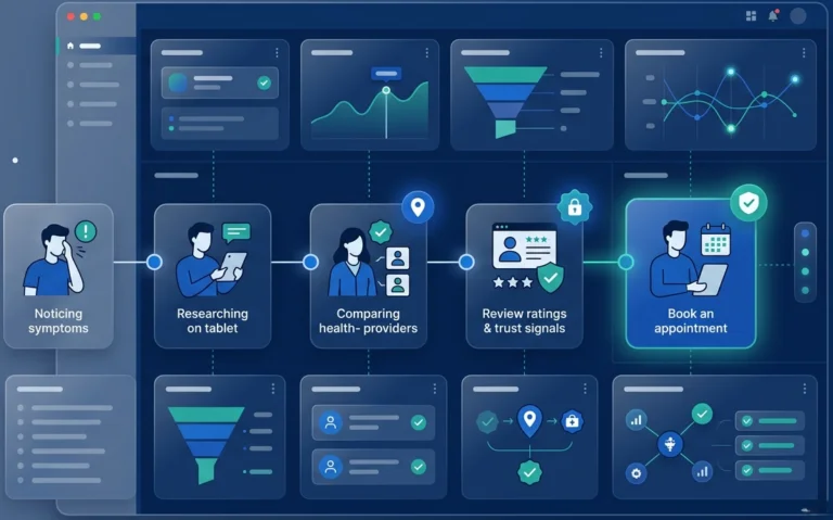 A digital process flow graphic by Delphi Healthcare Solutions outlining the patient decision-making path, including researching providers, reviewing trust signals, and scheduling medical care.